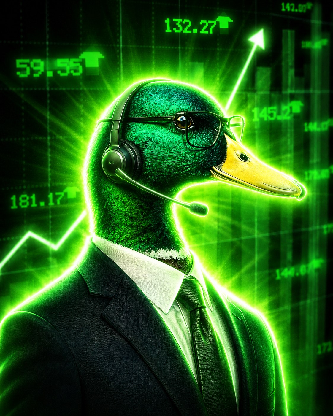 A mallard duck in a suit, glasses, and trading headset in front of neon green market charts
